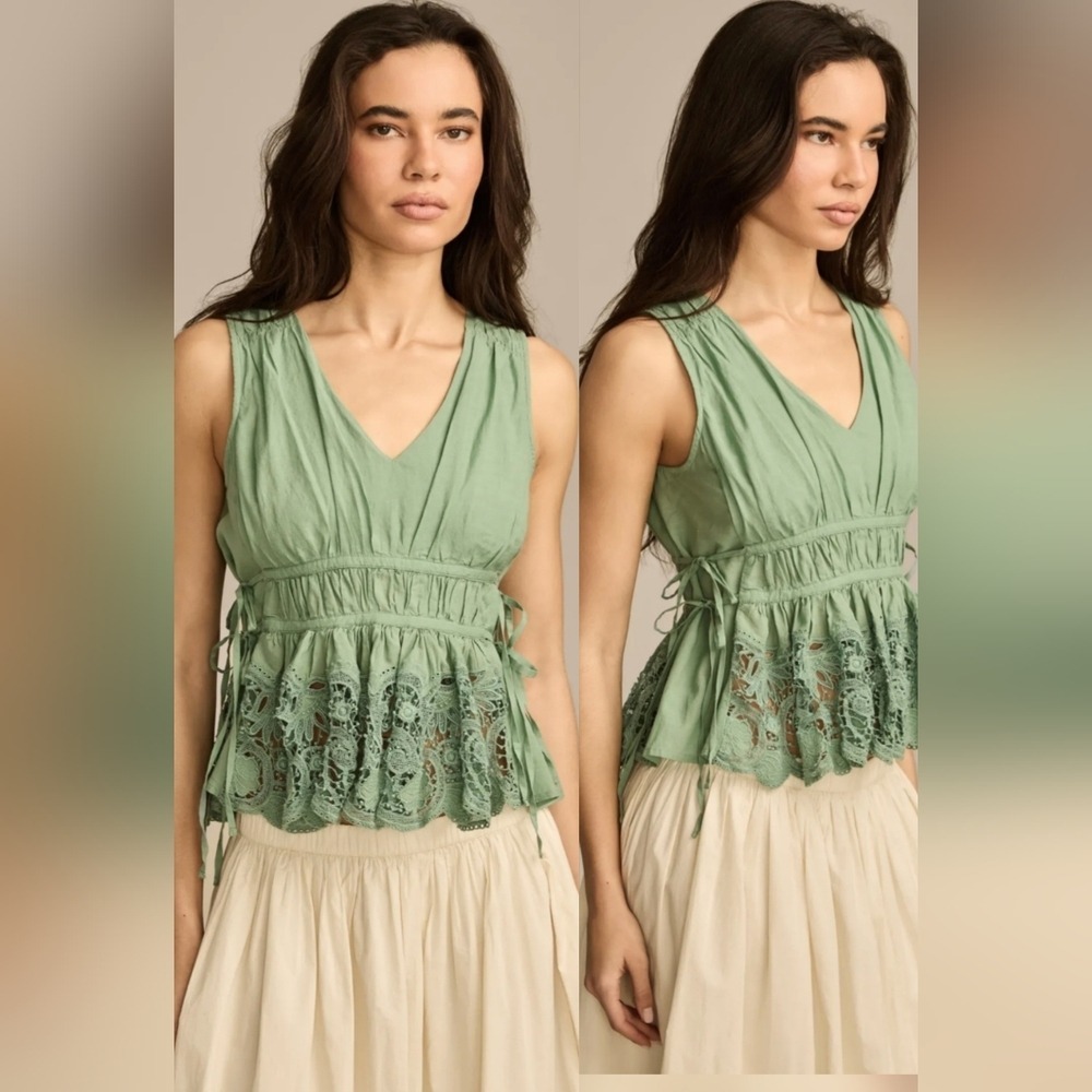 NWT Lucky Brand Sage Green Lace Cotton Ruffle Peplum Top Boho Fairycore XL